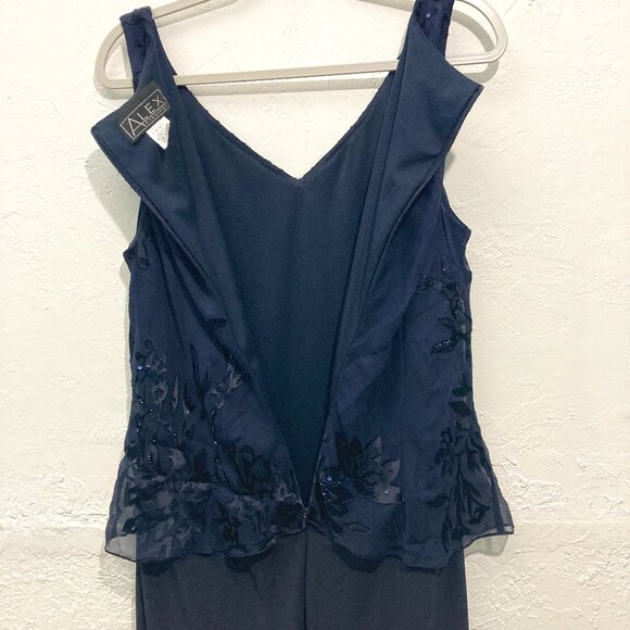 Alex Evenings Maxi Dress Gown Cocktail Holiday Burnout Sheer Floral Silk Navy - Picture 5 of 13